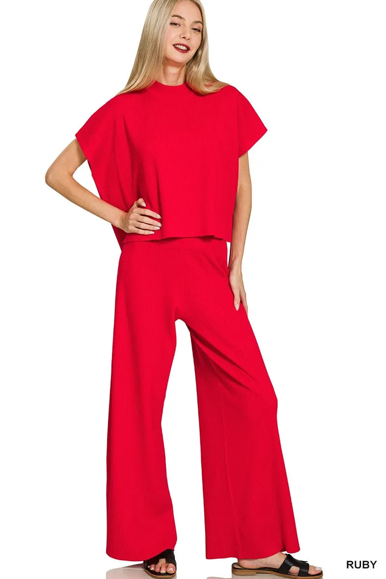 Zenana Viscose Sweater Short Sleeve Top and Pants Set - SwagglyLife Home & Fashion
